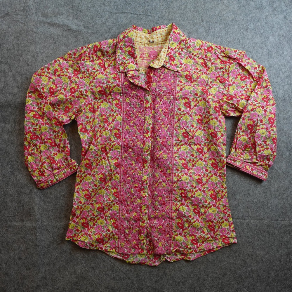 Robert Graham Top Womens XS/S? Pink Floral Button Front Embroidered 3/4 Sleeve